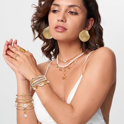 Vieyomn 32 Pcs Starfish Seashell Jewelry Set for Women Layer Necklace Bracelets Stackable Shell Starfish Rings Stud Earrings Pearl Beach Vacation Accessories thumbnail 5