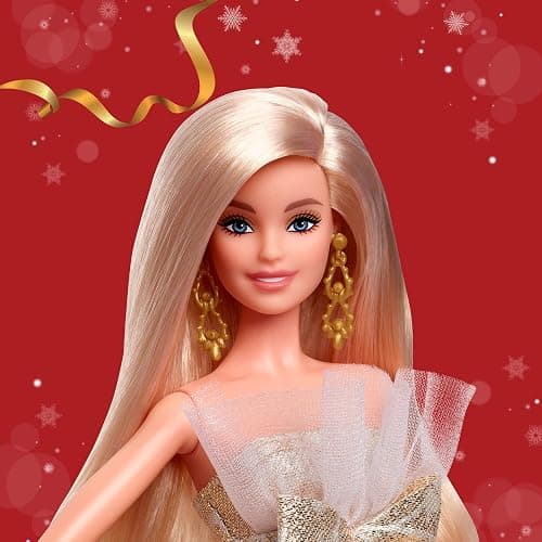 Barbie Signature 2025 Holiday Blonde Fashion Doll Wearing Silver & Gold Gown, Seasonal Collector in Displayable Packaging & Stand thumbnail 2