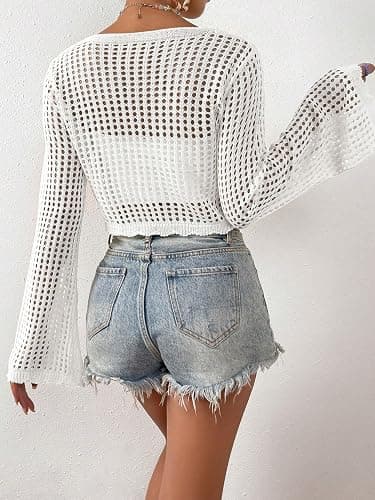 SHENHE Women's Tie Front Tops Bell Long Sleeve Knit Crochet Cardigan Crop Top thumbnail 2