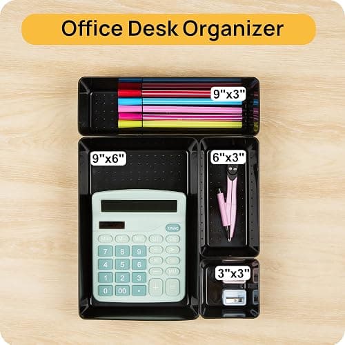 Vtopmart 25 PCS Office Desk Drawer Organizers Set, 4-Size Versatile Plastic Drawer Organizer Trays, Storage Bins for Desk Accessories Office Organizers and Storage, Bathroom, Makeup, Vanity, Black - Black thumbnail 6