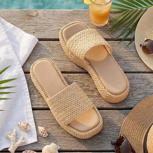 Monrovia Platform Sandals Women Raffia Espadrille Slides, Woven Straw Flatform Beach Sandals Women, Slip On Summer Vacation Shoes, Comfortable Casual Daily Wear thumbnail 2