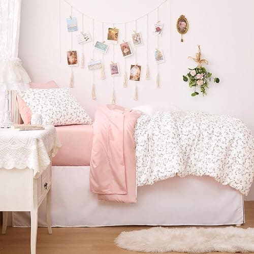 Wake In Cloud - Floral Comforter Set, Coquette Cottagecore Aesthetic Cute Flower Pattern for Women Teen Girls, Soft Lightweight Dorm Bedding, 3 Piece, Pink, Twin/Twin XL Size thumbnail 8