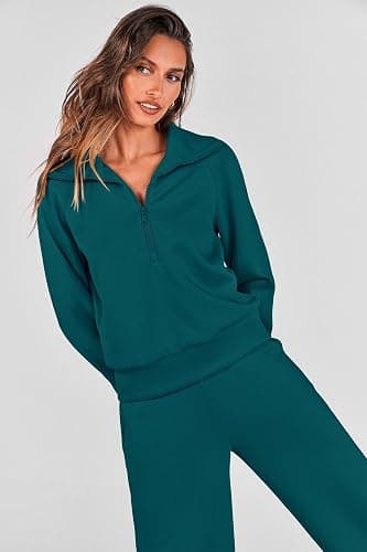 PRETTYGARDEN Women's 2 Piece Outfits Casual Lapel Half Zip Sweatshirts and Wide Leg Pants Tracksuit Sets thumbnail 4