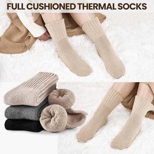 Niorasen Thermal Socks for Women, 3 Pairs Warm Thick Full Cushioned Knit Winter Crew Wool Boot Socks, Cozy Gift thumbnail 4