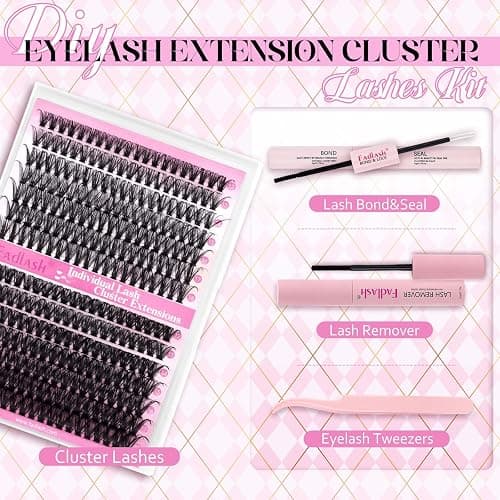 FADLASH Lash Extension DIY Kit Lash Clusters D Curl Cluster Lashes with Lash Bond and Seal Cluster Lashes Glue Remover Lash Tweezers for DIY Eyelash Extension at Home（Kit 40D+50D-0.07D-12-18MIX） thumbnail 2