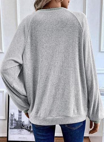 EVALESS Womens Fall Fashion 2025 Womens Long Sleeve Shirts Patchwork Button Up V Neck Sweatshirt Casual Pullover Tops thumbnail 4