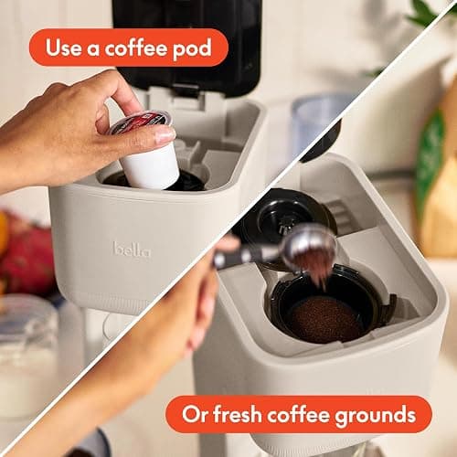 BELLA Single Serve Coffee Maker, K Cup & Coffee Ground Compatible with Removable, Adjustable Drip Tray, Auto Shutoff & Reusable Dishwasher Safe Accessories, Brews 6oz to 14oz, 1000 Watt, Oatmilk thumbnail 4