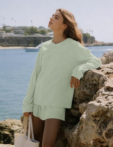MISSACTIVER Waffle Knit Lounge Sets for Women Long Sleeve Oversized Sweatshirt Elastic Waist Shorts Fall 2 Piece Matching Set thumbnail 6