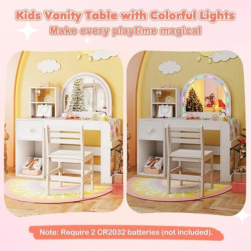 Costzon Kids Vanity with Lights, Girls Vanity Set with Mirror, Bookshelf, Drawer, Storage Cabinet & Shelves, Toddler Makeup Vanity Desk Dressing Table, Kids Vanity Table and Chair Set (White) thumbnail 5