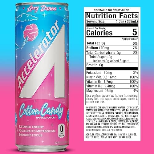 Accelerator Energy Drink Sugar Free, Cotton Candy 12oz can(12 pack) Zero Sugar Energy Drinks with Sustained Energy from 100% Natural Caffeine (200mg) & Green Tea extract thumbnail 2