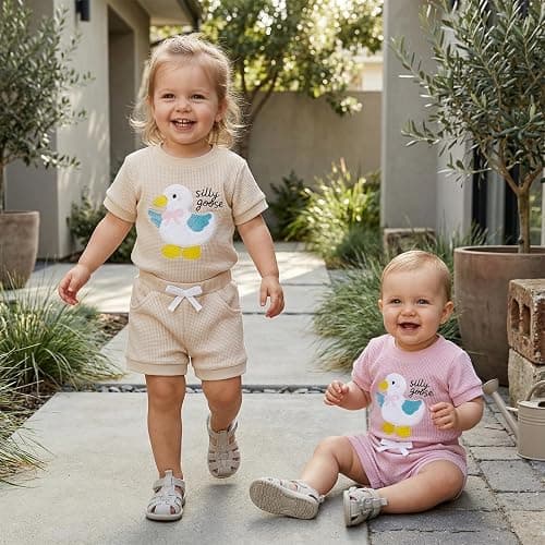 FYBITBO Newborn Baby Girl Summer Shorts Clothes Goose Embroidery Short Sleeve Romper Waffle Shorts Set One Silly Goose Outfit thumbnail 4