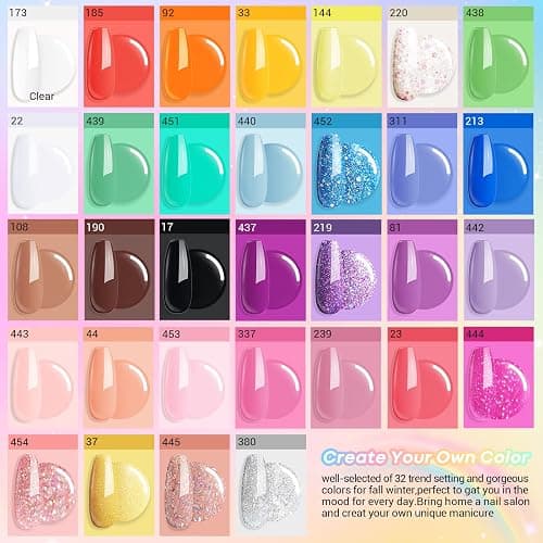 AZUREBEAUTY 42Pcs Dip Powder Nail Kit Starter, 32 Colors Spring Rainbow Bright Pink Red Green Acrylic Dipping Powder Set with Top/Base Coat Activator for French Art Manicure DIY Salon Gift thumbnail 2
