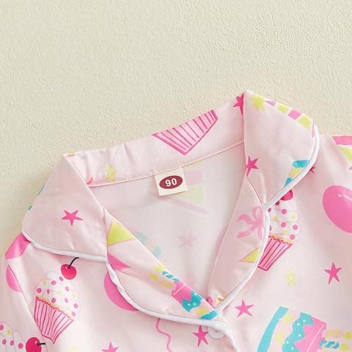 Kavousa Toddler Baby Girls Birthday Pajamas Donut Cake Bow Print Ruffle Shirt Shorts Little Girls Summer Sleepwear Outfits thumbnail 4