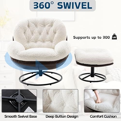 ZH4YOU Swivel Sherpa Accent Chair with Ottoman, Mid Century Modern Lounge Chair with Footrest, Comfy Reading Chair with 360 Degree Metal Base for Small Space/Living Room/Bedroom, White Fur thumbnail 3