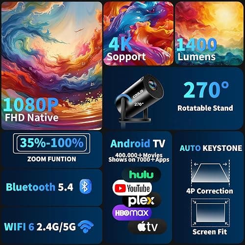 [Built-in Apps & 2025 Upgraded] Mini Projector Support 4K 1080P Auto Keystone 270° Rotatable with WiFi 6 and Bluetooth 5.4, Projector Portable Compatibile with HDMI/TV Stick/Memory Stick/Laptop-Black thumbnail 2