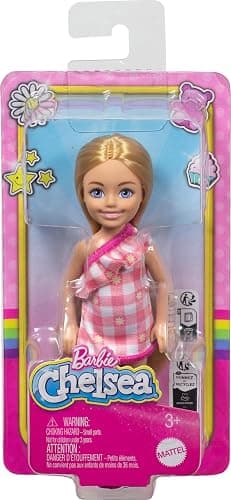 Barbie Chelsea Doll, Small Doll Wearing Removable Checked Dress & Pink Shoes with Blonde Hair & Blue Eyes thumbnail 6