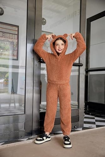 Arshiner Girls 2 Piece Outfits Sweatsuit Fuzzy Long Sleeve Bear Ear Hoodie Sweatshirt and Sweatpant Kids Clothing Sets thumbnail 2