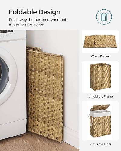 SONGMICS Laundry Hamper with Lid, 90L Clothes Hamper with 2 Removable Liner Bags, 6 Mesh Bags, Wicker Laundry Basket, Double Laundry Hamper for Bathroom, 13 x 18.1 x 23.6 Inches, Natural ULCB251N01V1 thumbnail 3