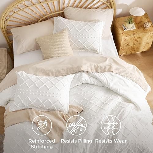 Bedsure Full Comforter Set - White Comforter, Boho Tufted Distressed Vintage Bedding for Kids, 3 Pieces Farmhouse-Style Bed Set for All Seasons, Fluffy Soft Bedding with 2 Pillow Shams thumbnail 7
