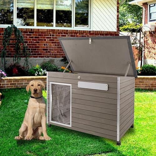 Gowoodhut 34" L Dog House Outdoor,Indoor Dog Kennel for Small & Medium & Large Dogs with Openable Asphalt Roof,100% Natural Fir Wood Outdoor Indoor Dog Houses with Removable Floors,Raised Feet,Grey thumbnail 8