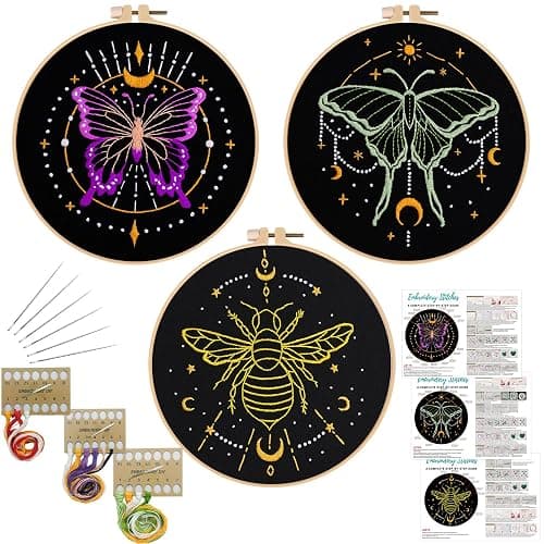 Louise Maelys 3 Sets Tarot Embroidery Kits for Beginners,Cross Stitch Kit for Adults,Crewel Starters Needlepoint with Moon, Butterfly, Bee and Moth Pattern and Tool - Tarot - Image 1