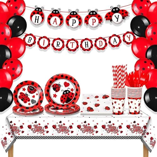 Sumind 200 Pcs Ladybug Birthday Party Decorations Set Ladybug Themed Party Supplies Balloon Tableware Happy Birthday Banner Dot Tablecloth Cup Straw Napkin Baby Shower Decor(54 x 108 Inch,Multicolor) - Image 1