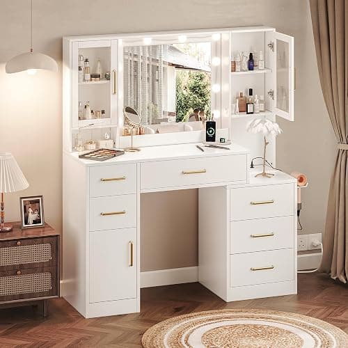 Makeup Vanity Desk with Mirror and Lights, Makeup Vanity Table with Lighted Mirror, Nightstand Dressing Table with Mirror and Lights, 51" Big Vanity with 6 Drawers & Lots Storage Space for All Girls thumbnail 8
