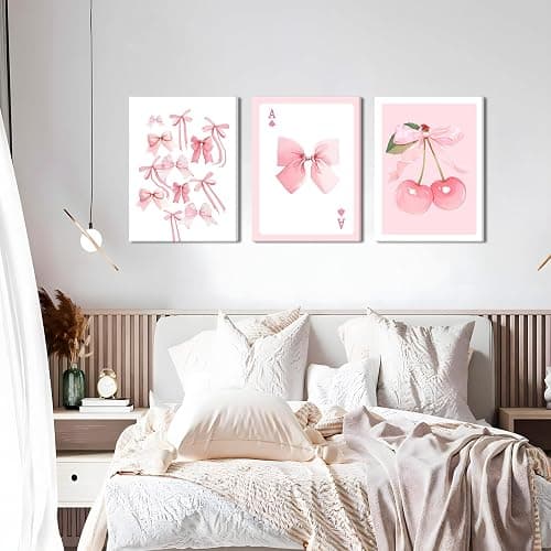 Trendy Pink Bows Canvas Wall Art Set of 3, Vintage Preppy Cherry Posters Prints, Pink Girly Room Aesthetic Wall Decor Painting for College Apartment Living Room Bedroom 12x16 In Framed thumbnail 8