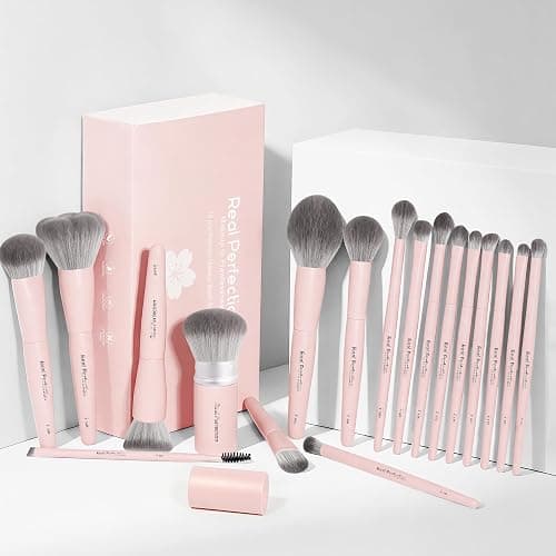 Real Perfection Professional Makeup Brushes 18 Pcs Makeup Brush Set Premium Kabuki Powder Foundation Contour Blush Concealer Eyeshadow Blending Liner Make Up Brush Kit - Pink thumbnail 2