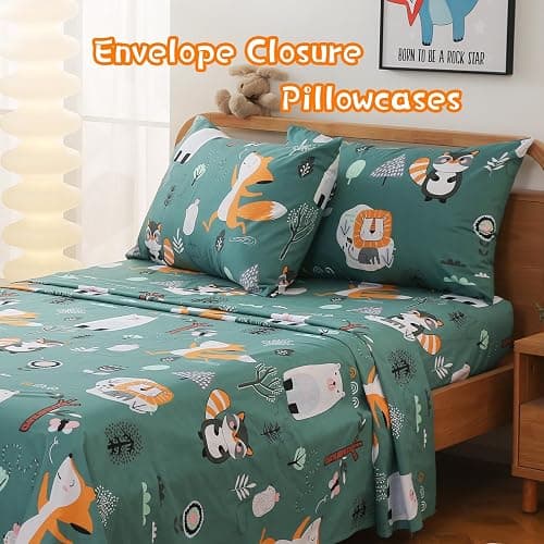 JSD Green Forest Animals Kids Sheet Set Full Size, 4 Piece Woodland Printed Microfiber Bed Sheets Deep Pocket thumbnail 3