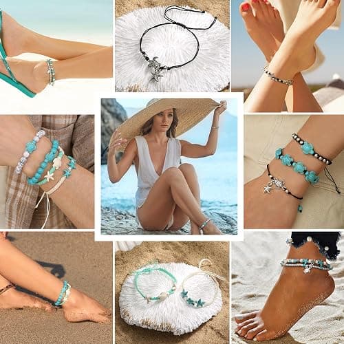 FASACCO 10 PCS Turtle Ankle Bracelets for Women Waterproof Handmade Starfish Sea Turtle Bracelet Adjustable Boho Summer Beach Bracelets for Women Men Bahamas Souvenirs thumbnail 5