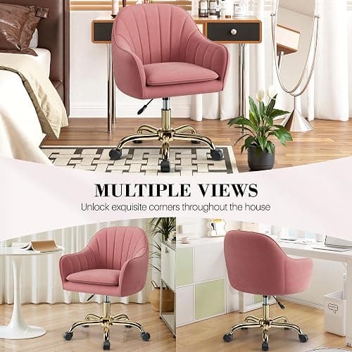BestEra Vanity Chair with Wheels, Comfy Home Office Desk Chairs Adjustable Modern Velvet Makeup Vanity Chairs for Bedroom Living Room-Dusty Rose thumbnail 4