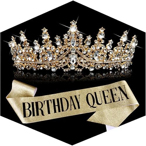 TOBATOBA Birthday Queen Sash and Crown for Women - Gold Rhinestone Tiara and Sash Set for Birthday Decorations Outfits for Women - Image 1