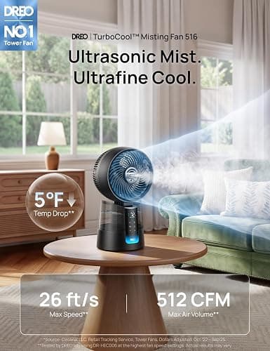 DREO TurboCool Misting Fan 516, 150°+30° Omni-directional Oscillating, Desk Cooling Fan 5℉ Drop, Evaporative air cooler, 26 ft/s Wind, Ultrafine Mist, 20dB, 6 Speeds 2 Modes, Remote Control, Black thumbnail 2