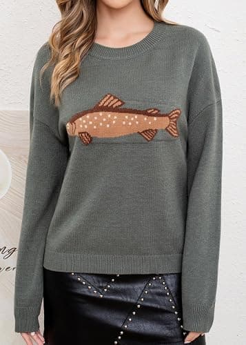 CHARTOU Women Fashion Crew Neck Rib Knit Crucian Carp Graphic Oversized Y2k Pullover Sweater Jumper thumbnail 2