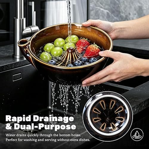 Ceramic Berry Washing Bowl with Auto-Spin Swirl Drainage | Self-Rinsing Fruit Bowl, Multi-Functional Berry Colander for Strawberries, Blueberries, and Grapes thumbnail 4