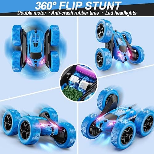QUNREDA Remote Control Car, RC Cars Toys for Kids Ages 6-12, 4WD Stunt Car with LED Lights & 360° Flips, 2.4GHz, Upgraded USB-C Modular Batteries, 8-10 Year Old Boys Birthday Gift 1-Blue thumbnail 4