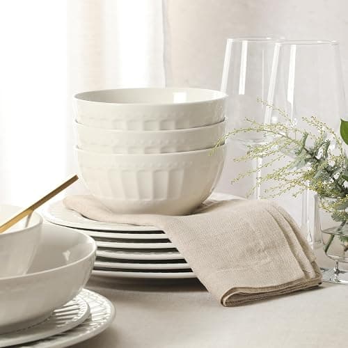 Gibson Home Melbourne White Plates and Bowls Set, 16 Piece Embossed Ceramic Dinnerware Set - Service for 4 Dishes - With Pasta Bowl thumbnail 4
