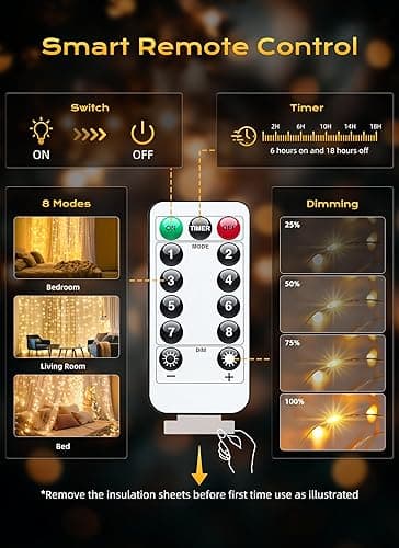 Brightown 300 LED Fairy Curtain Lights, 9.8ft x 9.8ft Warm White Curtain String Lights, USB Plug in 8 Lighting Modes Christmas Decoration, Hanging Lights with Remote for Bedroom Indoor Weddings Dorm - Warm White - 300 LED-Copper Wire thumbnail 6