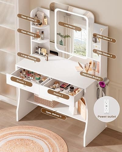 LIVELYGLOW Makeup Vanity Desk with Smart LED Mirror and Power Outlet, Small Makeup Vanity Table with 2 Drawer and 5 Shelves, Dressing Table-White - 01_white - LED Vanity with Shelves thumbnail 2