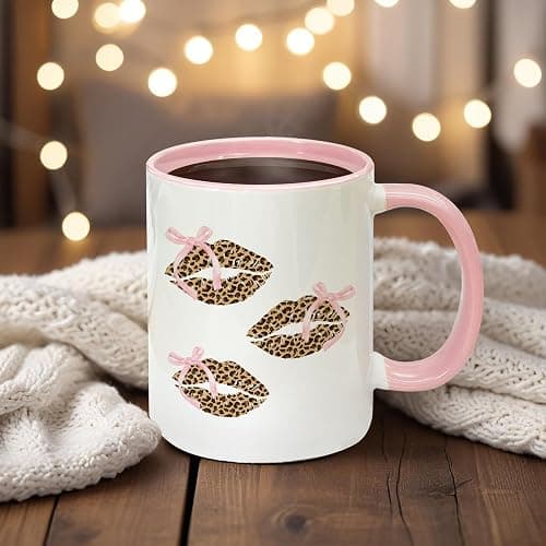 Foyoulame Pink Bow Leopard Print Lips Coffee Mugs, Leopard Cheetah Mug - Preppy Coquette Bow, Coffee Teacup, Preppy Girly Gift Mugs for Women Girls, Coquette Cheetah Print Lips Ceramic CoffeeMug 11oz thumbnail 4