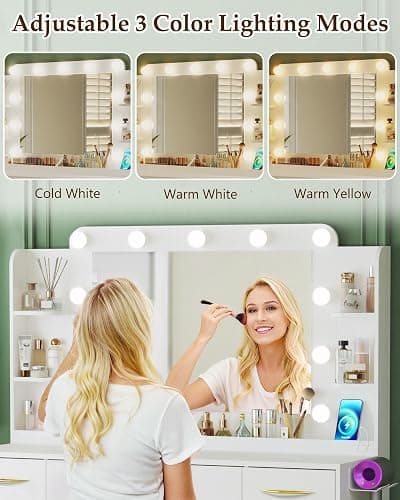 ALEXNUTRE 45.5" Vanity Desk with Mirror and Lights, Makeup Vanity with Lights 3 Models Settings & Power Outlet, Vanity Desk with 5 Drawers, 2 Cabinets, Shelves, Makeup Vanity for Bedroom, White thumbnail 4
