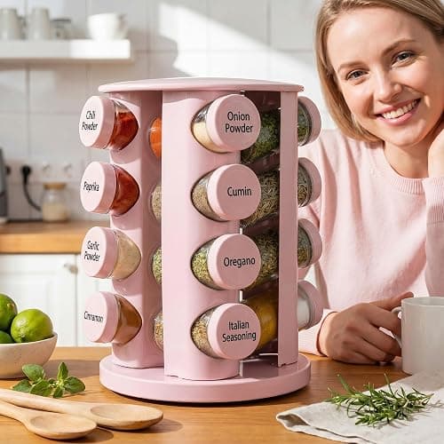Yungyan Pink Rotating Spice Rack Seasoning Organizer with 16 Empty Jars, Spice Containers Set with Labels and Funnel, Revolving Seasoning Rack for Kitchen Accessories (Stainless Steel,Glass) thumbnail 4