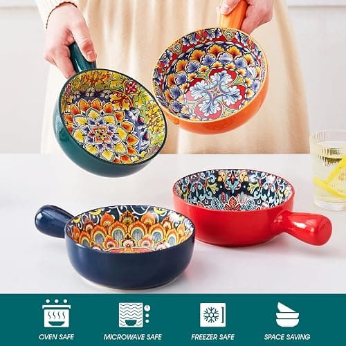 vancasso Soup Bowls with Handles, 23 Oz French Onion Soup Bowls Oven Safe, Bohemian Ceramic Soup Crocks for Cereal, Pasta, Beef Stew, Chilli, Microwave Dishwasher Safe-6.2 inch, Set of 4 thumbnail 5