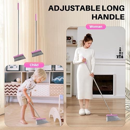 JOYMOOP Pink Broom with Dustpan Combo Set, Upright Stand Up Broom with Built-in Comb Teeth, Angle Broom for Home Kitchen Office Lobby, Pet Hair and Hardwood Floor Sweeping thumbnail 4
