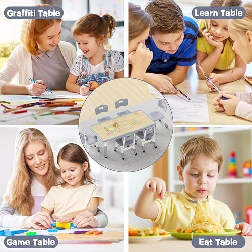 Brelley Kids Table and 6 Chairs Set, Height Adjustable Toddler Desk and Chair Set, Graffiti Desktop, Classroom/Daycare/Home, Children Multi-Activity Table for Ages 2-8 thumbnail 7