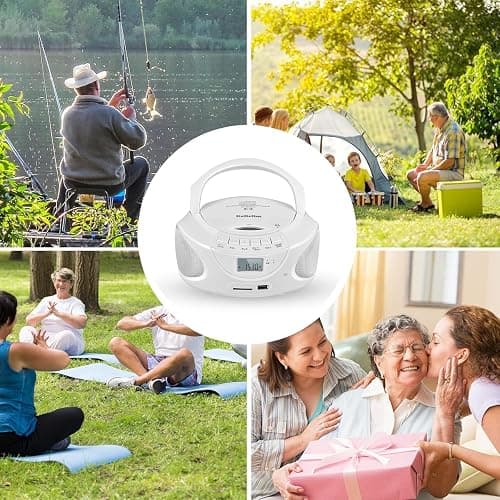 Portable CD Player Boombox with Bluetooth, AM/FM Radio CD Player with Stereo Speakers, USB/SD/AUX Input, Headphone Jack, AC or Battery Operated Compact CD Player for Home, Kids & Seniors, White thumbnail 8