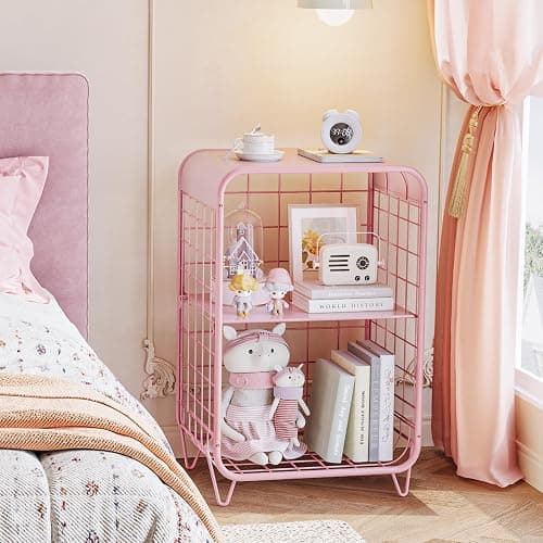 APEXCHASER Cute Kids Pink Nightstand,Metal Side Table,3 Tier End Table with Storage,Vintage Bedside Table,Girls Bedroom Furniture for Living Room,Bedroom,Dorm thumbnail 2