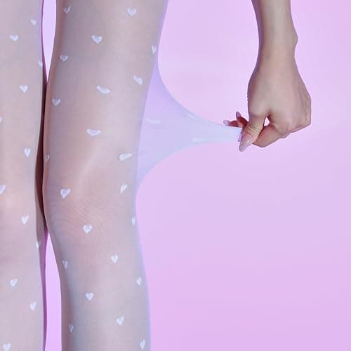 Women’s 15D Sheer Pantyhose Polka Dots Hearts Patterned High Waist Ultra Stretchable Footed Tights Plus Size Stockings - One Size Plus Tall - White thumbnail 3