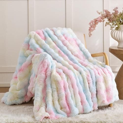 Smoofy Faux Fur Throw Blanket for Couch – Rainbow Fluffy Cozy Rabbit Fleece, Plush Soft Bubble Blanket for Sofa & Bed, for Mom, Warm Fuzzy Home Room Decor Throw 50" x 60" - Image 1